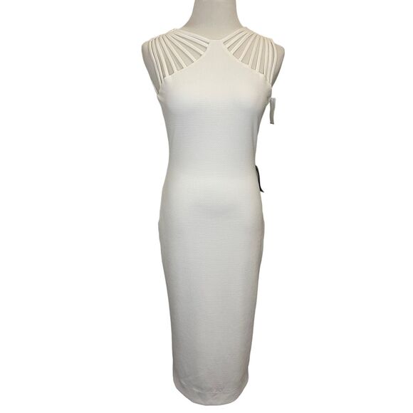 Dress The Population NWT Ivory Gwen Bodycon Midi Dress Strap Detail Stretchy M - Picture 14 of 14